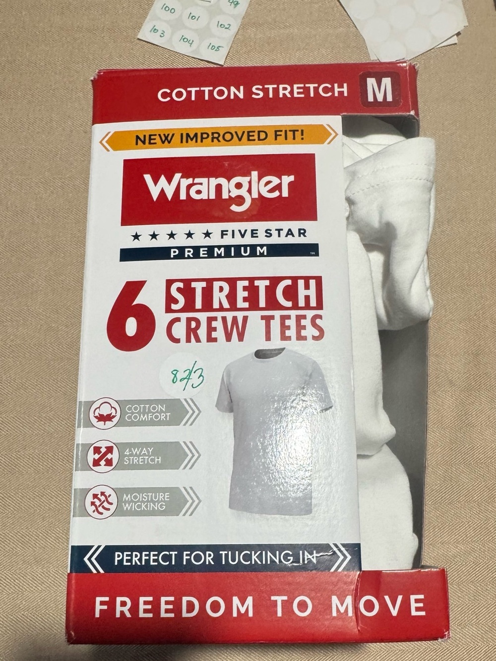 Wrangler Red and White Cotton Stretch 6-Pack Crew Tees Packaging